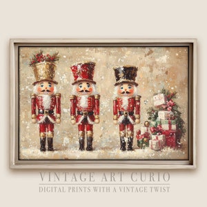 Vintage Nutcrackers in Winter Wonderland Digital Oil Painting - Elegant and Rustic Christmas Wall Art for Farmhouse and Cottagecore Decor