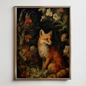 Antique Fox Painting: Rustic Wildflower Wall Art (Digital Download)