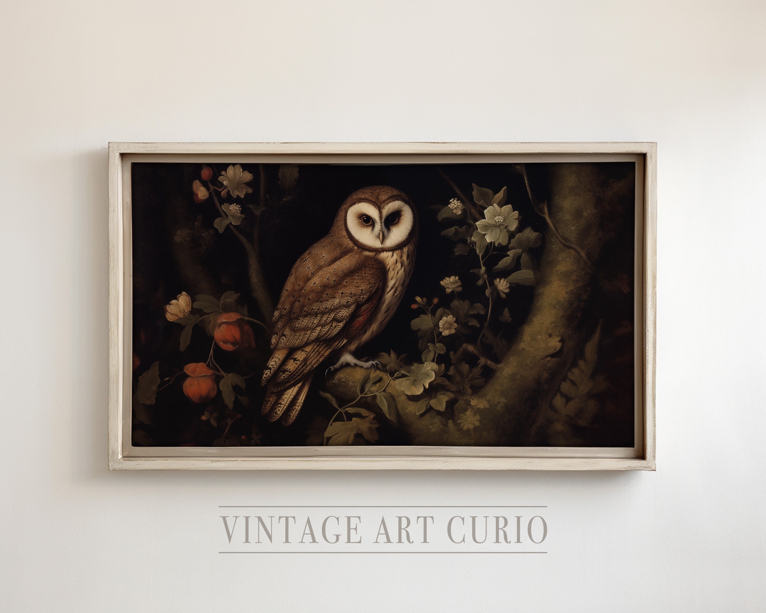 Vintage Owl Painting for Samsung Frame TV: Dark Academia Art (Digital Download)