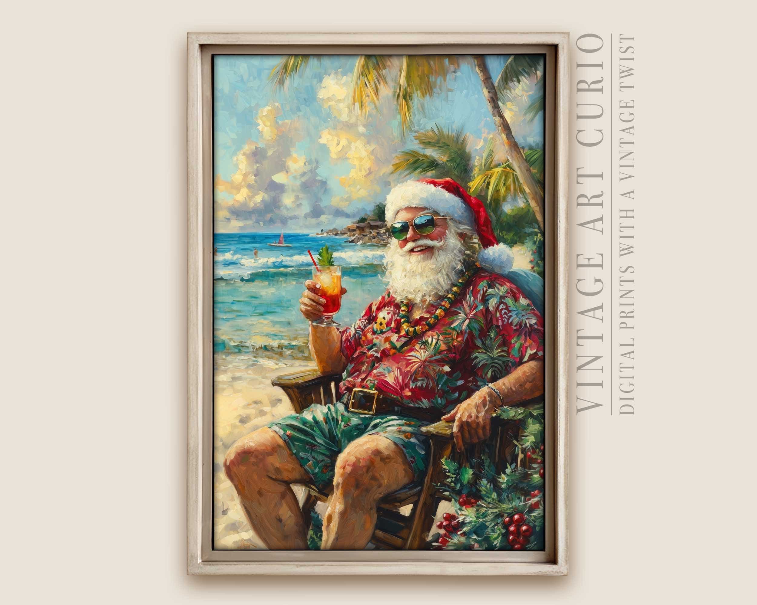 ファンキーなトロピカルサンタの油絵 - カクテルを片手にビーチにいる