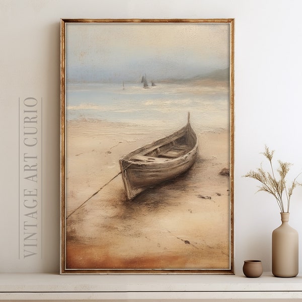 Seascape Scene Oil Painting | Row Boat Oil Painting | PRINTABLE Digital Art Download | Vintage Rustic Coastal Decor | Country Art Print