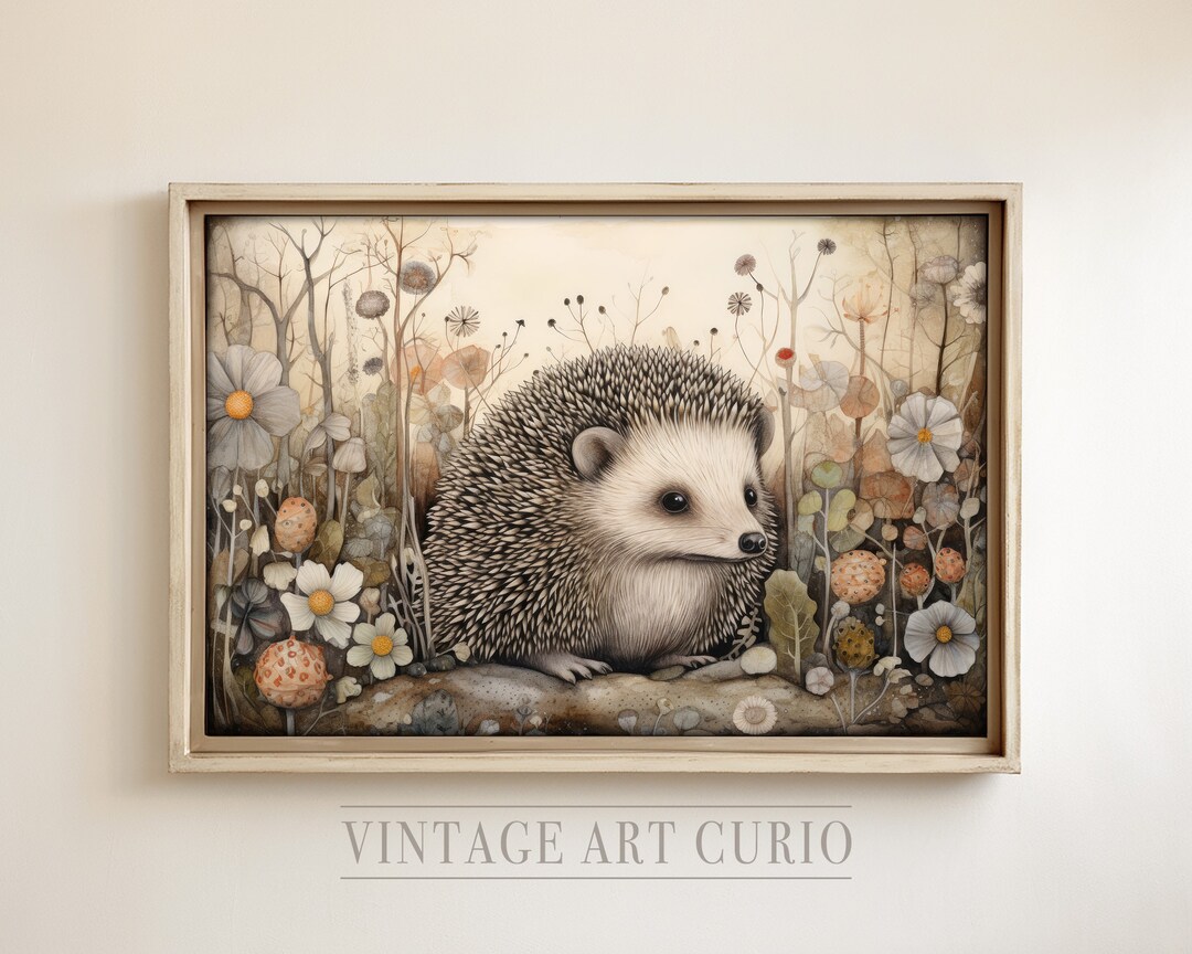 Vintage Hedgehog Art Print Baby Nursery Wall Art Neutral Tones Baby