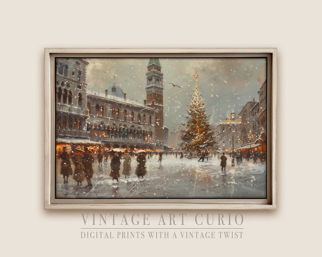 Rustic Christmas Town Square in Venice Italy Wall Art Digital Oil