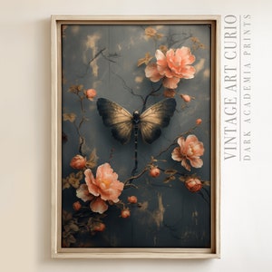Vintage Butterfly Moth Painting: Dark Academia Floral Wall Art (Digital Download)