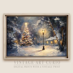 Whimsical Vintage Digital Oil Painting Wall Art: Snowy Christmas Wonderland with Rustic Tree Decor, Holiday Farmhouse Print