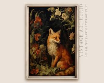 Antique Fox Painting, Dark Academia Printable Wall Art, Vintage Fox Wall Art, Moody Rustic Fox Print, Dark Academia Art Digital Download