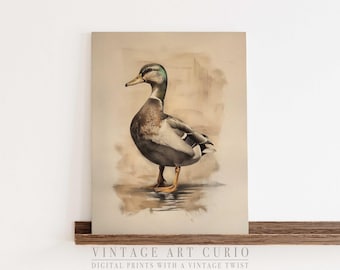 Vintage Neutral Mallard Duck Painting, Farm Animal Cottagecore Sketch Wall Art, Farmhouse Decor, Antique Printable Duck Painting