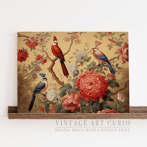 Elegant Chinoiserie Bird Print: Oriental Floral Wall Art (Digital Download)