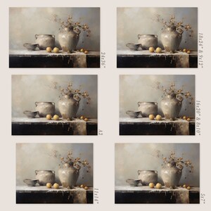 May include: A still life painting of a ceramic vase with a branch of dried berries, two smaller ceramic pots, and three yellow fruit on a wooden table. The background is a light gray wall.