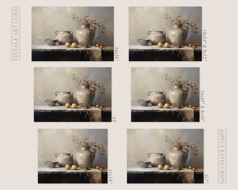 May include: A still life painting of a ceramic vase with a branch of dried berries, two smaller ceramic pots, and three yellow fruit on a wooden table. The background is a light gray wall.