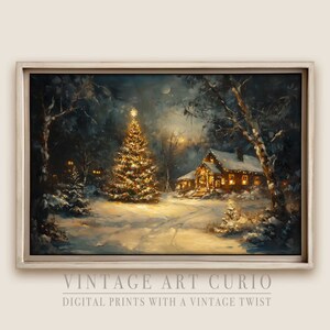 Rustic Christmas Cabin Oil Painting - Snowy Winter Scene at Dusk, Vintage Style Christmas Eve Decor