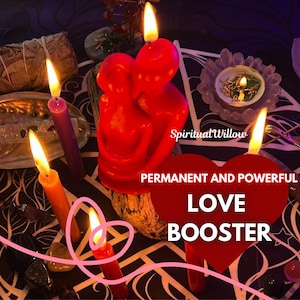 May include: A red candle shaped like two figures embracing, with a heart-shaped graphic that reads "LOVE BOOSTER". Several other candles of varying colors are lit around the main candle. The text "PERMANENT AND POWERFUL" is also visible.