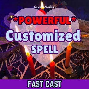 May include: A heart-shaped frame with the text "*POWERFUL* Customized SPELL FAST CAST" in red and blue letters. The frame is surrounded by lit candles and crystals on a black and white patterned surface.