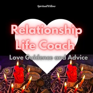 Puede incluir: Un corazón blanco con el texto "Relationship Life Coach" en letras rojas y el texto "Love Guidance and Advice" debajo. El corazón está sobre un fondo negro con una superficie con estampado morado y negro con velas rojas y una vela roja en forma de pareja.