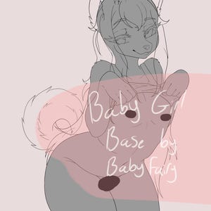 Pode incluir: Ilustração digital de um personagem peludo em uma pose sugestiva. O personagem é cinza claro com um fundo rosa. O texto "Baby Girl Base by Baby Fairy" está escrito na imagem.