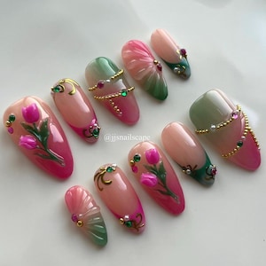 3D Blumennägel - Atemberaubende handgemachte Blumennägel, drücken Sie auf die Nägel Trending, drücken Sie auf die Nägel, Frühlingsnägel, rosa Nägel, rosa Tulpennägel