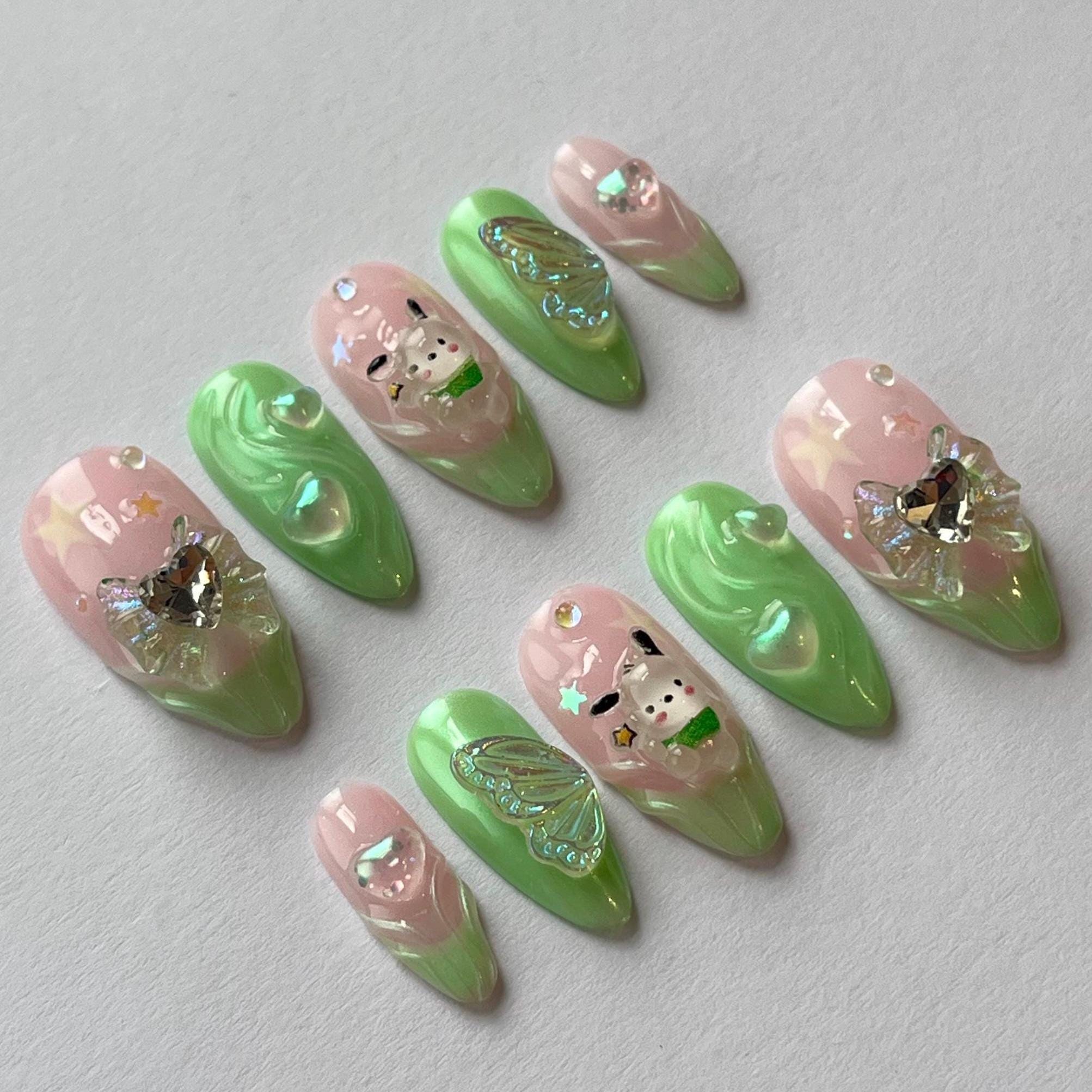 Pochacco Nails, Cute Nails, Sanrio Nails, Green Nails, False Nails