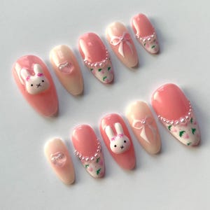 Coquette miffy nails , press on nails , cute nails , strawberry nails