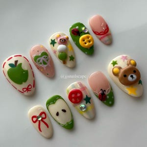 Apple Rilakkuma Teddy bear nails, rulakkuma nails, cute nails, press on nails, kawaii nails, handmade press on nails, apple nails