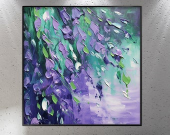 Pittura floreale astratta originale, viola, blu, verde, moderna, 100% fatta a mano, pittura strutturata, pittura a olio astratta acrilica, decorazione della parete