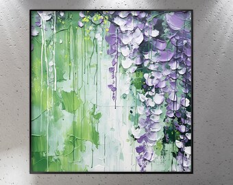 Peinture à l'huile abstraite originale d'arbre de fleurs, violet, vert, blanc, moderne, 100 % fait main, peinture texturée, peinture à l'huile abstraite acrylique