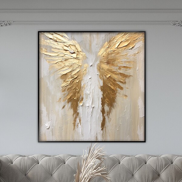 Golden Wings Oil Painting, Angel, Gold Leaf, 100% Handmade, Textured Painting, Acrylic Abstract Oil Painting, Wall Decor Living Room