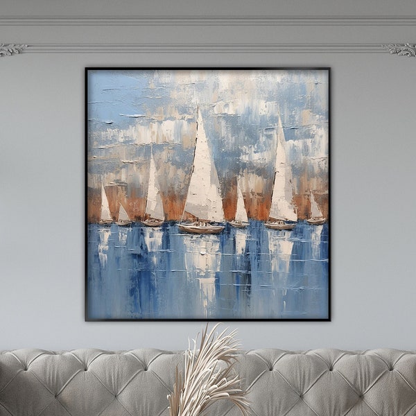 Seelandschaft Ölgemälde auf Leinwand, modern, Segelschiff Malerei, Schiffsflotte, 100% handgemacht, strukturierte Malerei, Acryl abstraktes Ölgemälde