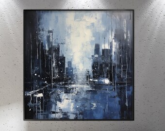 Peinture à l'huile abstraite bleue foncée originale, blanc, art bohème, ville, 3D, moderne, 100 % fait main, peinture texturée, peinture à l'huile abstraite acrylique