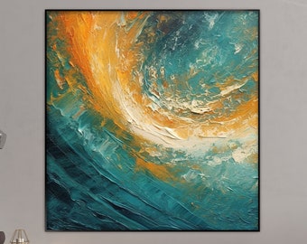 Peinture à l'huile orange 3D abstraite originale, bleu, blanc, moderne, art de la vague, 100 % fait main, peinture texturée, peinture à l'huile abstraite acrylique