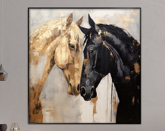 Original Abstract Horses Oil Painting, Gold Horse, Black Horse, Animal Art, 100% Handmade, Textured Painting, Acrylic Abstract Oil Painting