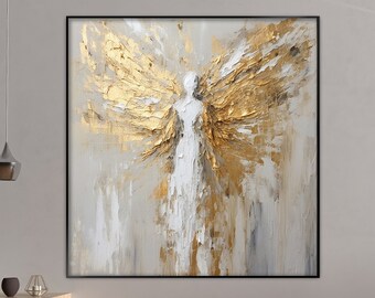 Gold Wings, White Angel, Gold Leaf, 3D Painting, 100% Handmade, Textured Painting, Acrylic Abstract Oil Painting, Wall Decor Living Room