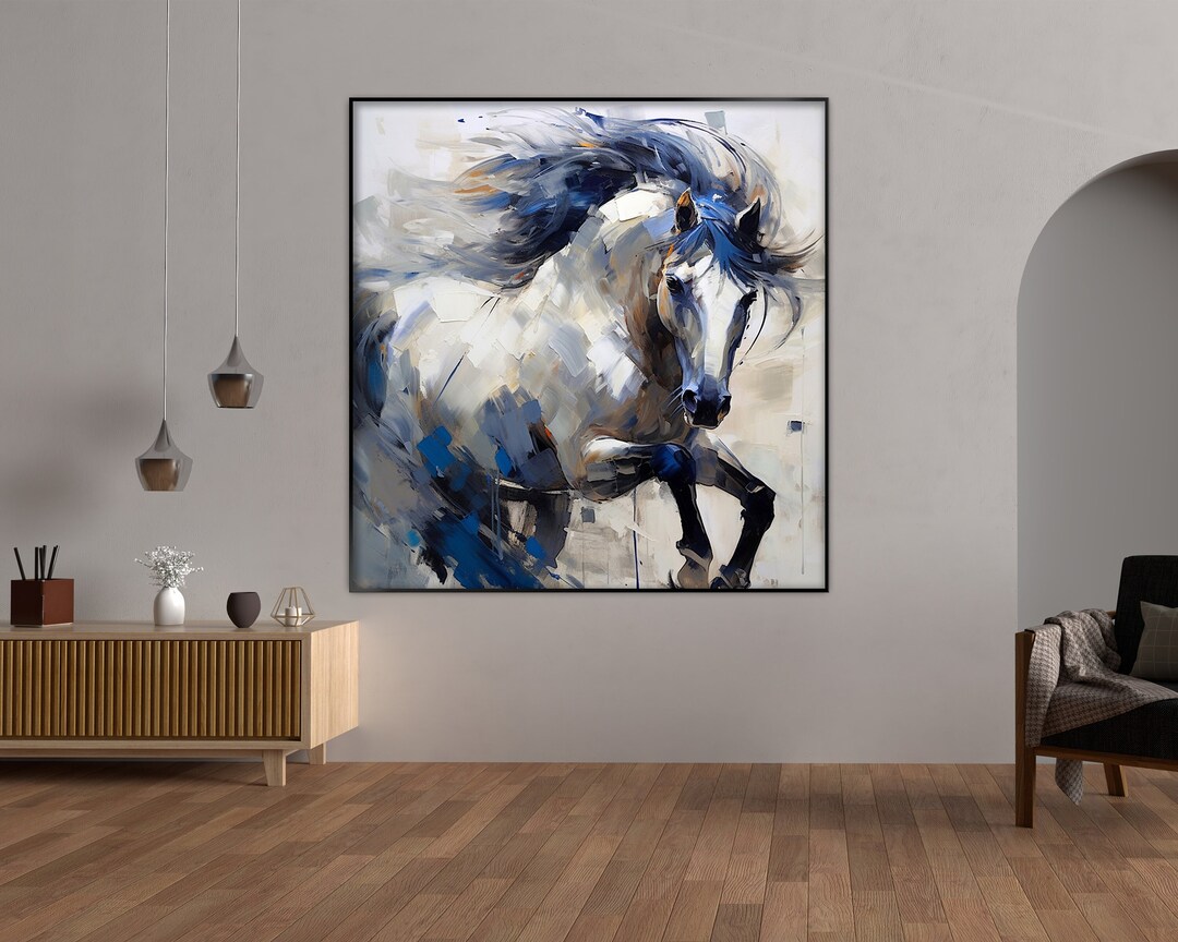 Blue & White Horse Oil Painting, Animal Painting, Modern Art, 100
