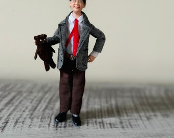 Miniature OOAK polymer clay hand sculpture male doll of Mr Bean12th scale character doll by Lana Hallas