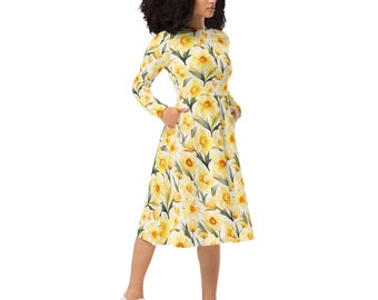 Daffodil Watercolor All-over print long sleeve midi dress