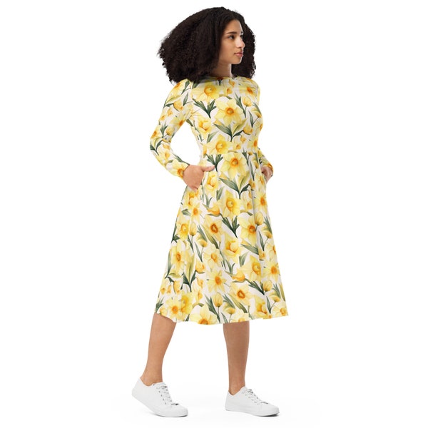 Daffodil Watercolor All-over print long sleeve midi dress