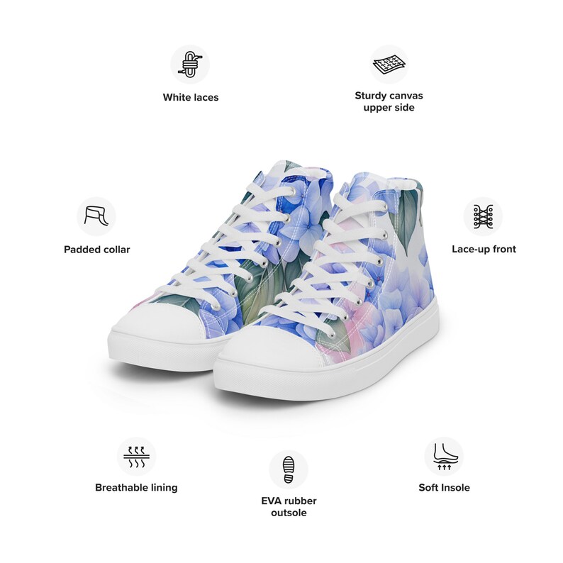 Turquoise and multi-color women’s high top canvas shoes.