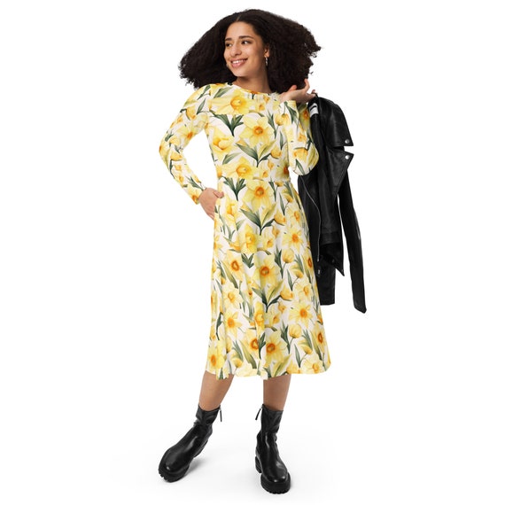 Daffodil Watercolor All-Over Print Long Sleeve Midi Dress
