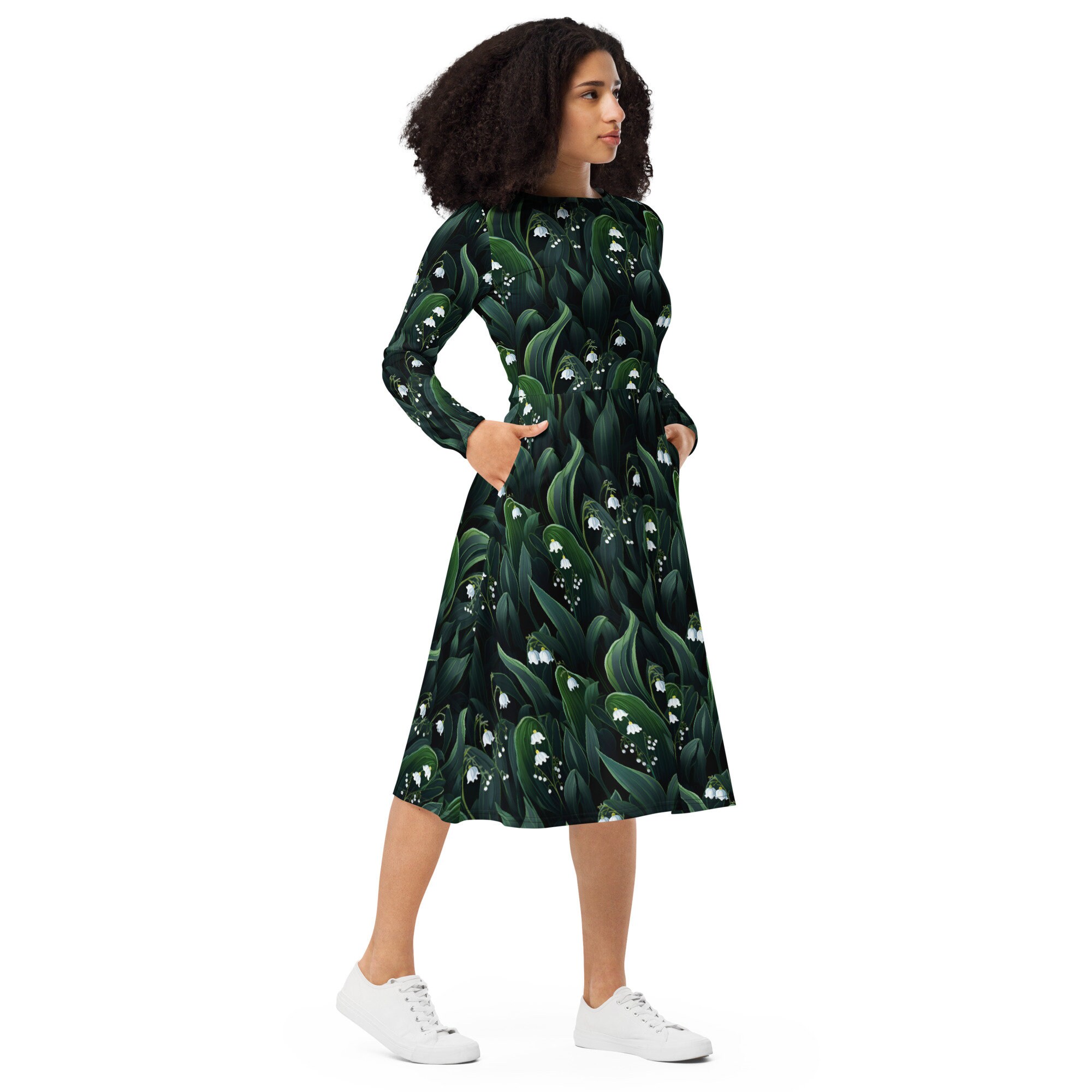 Lily of The Valley All-Over Print Long Sleeve Midi Dress