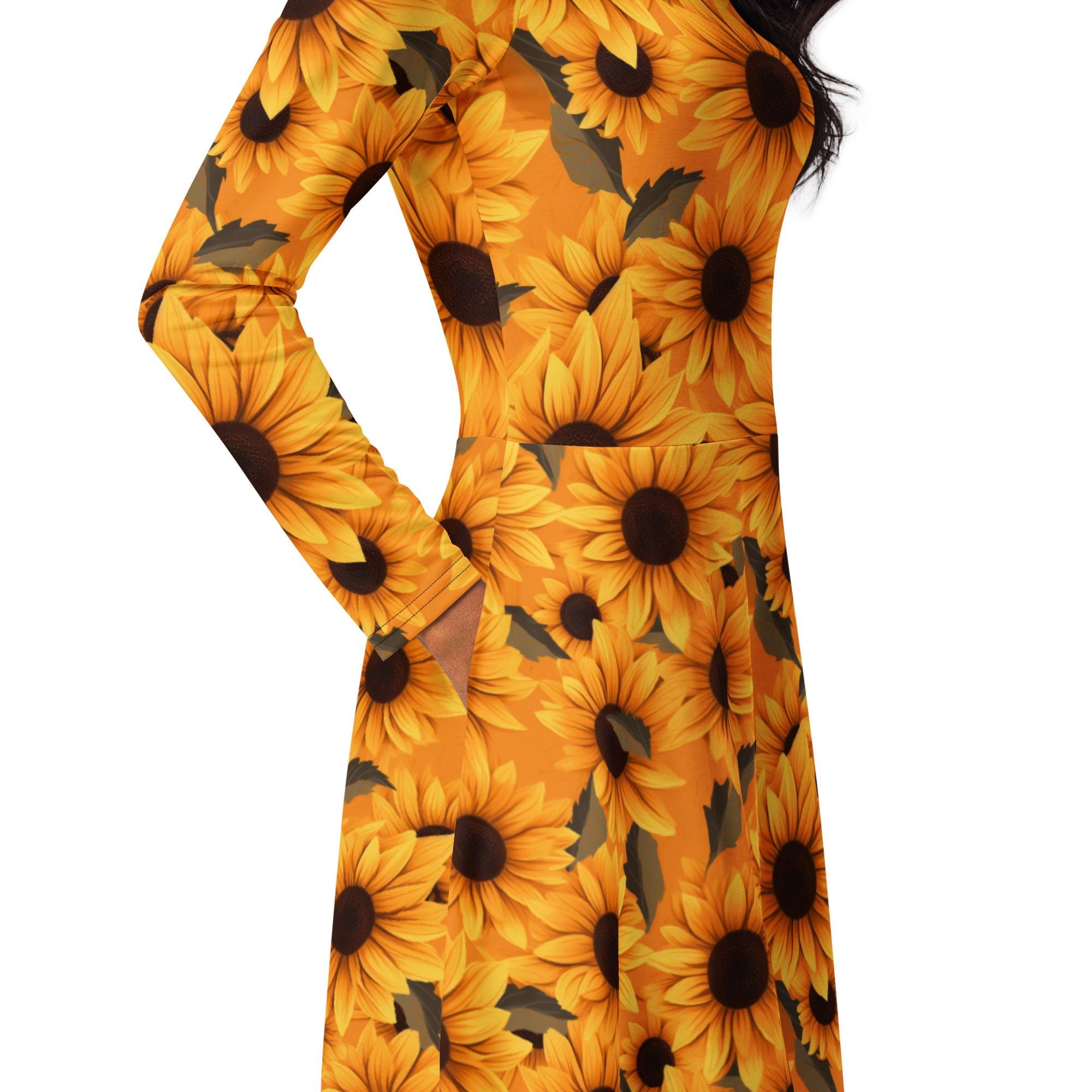 Sunflower All-over Print Long Sleeve Midi Dress - Etsy