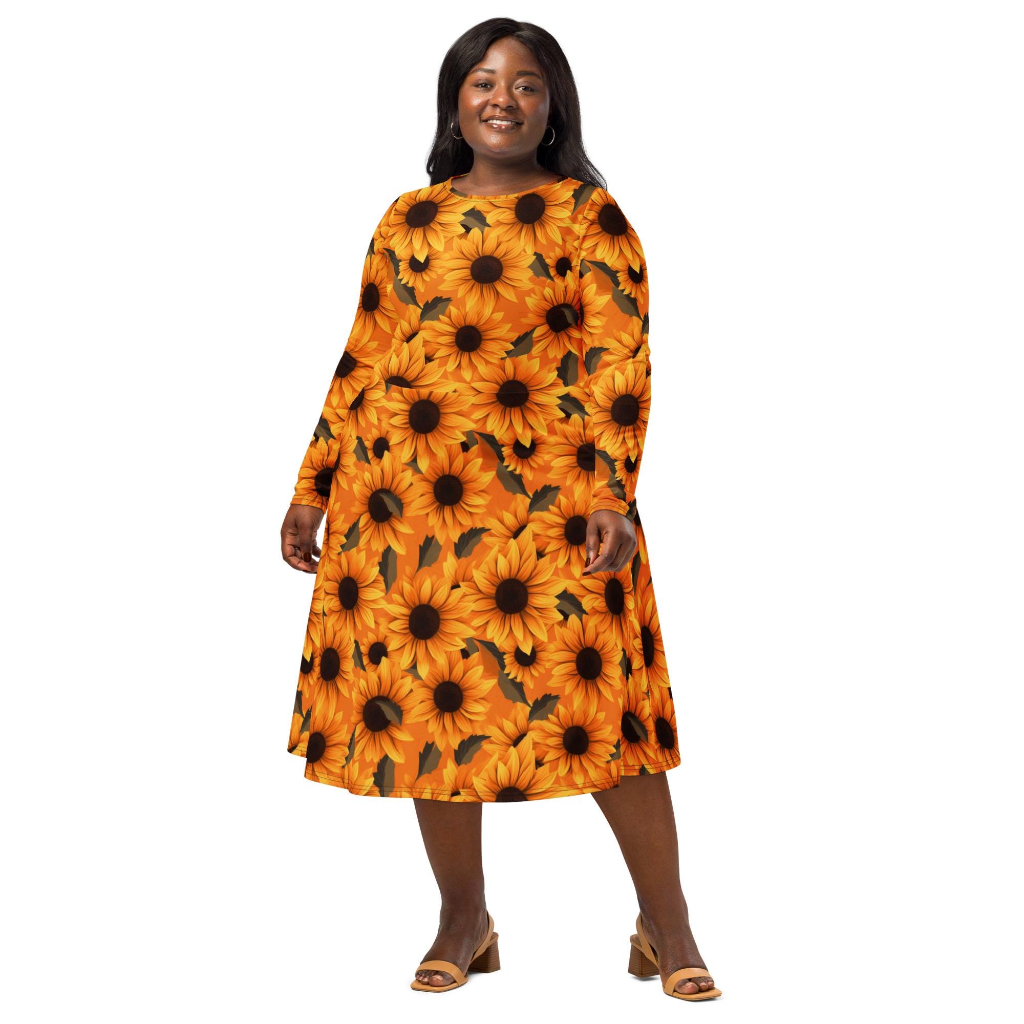 Sunflower All-over Print Long Sleeve Midi Dress - Etsy