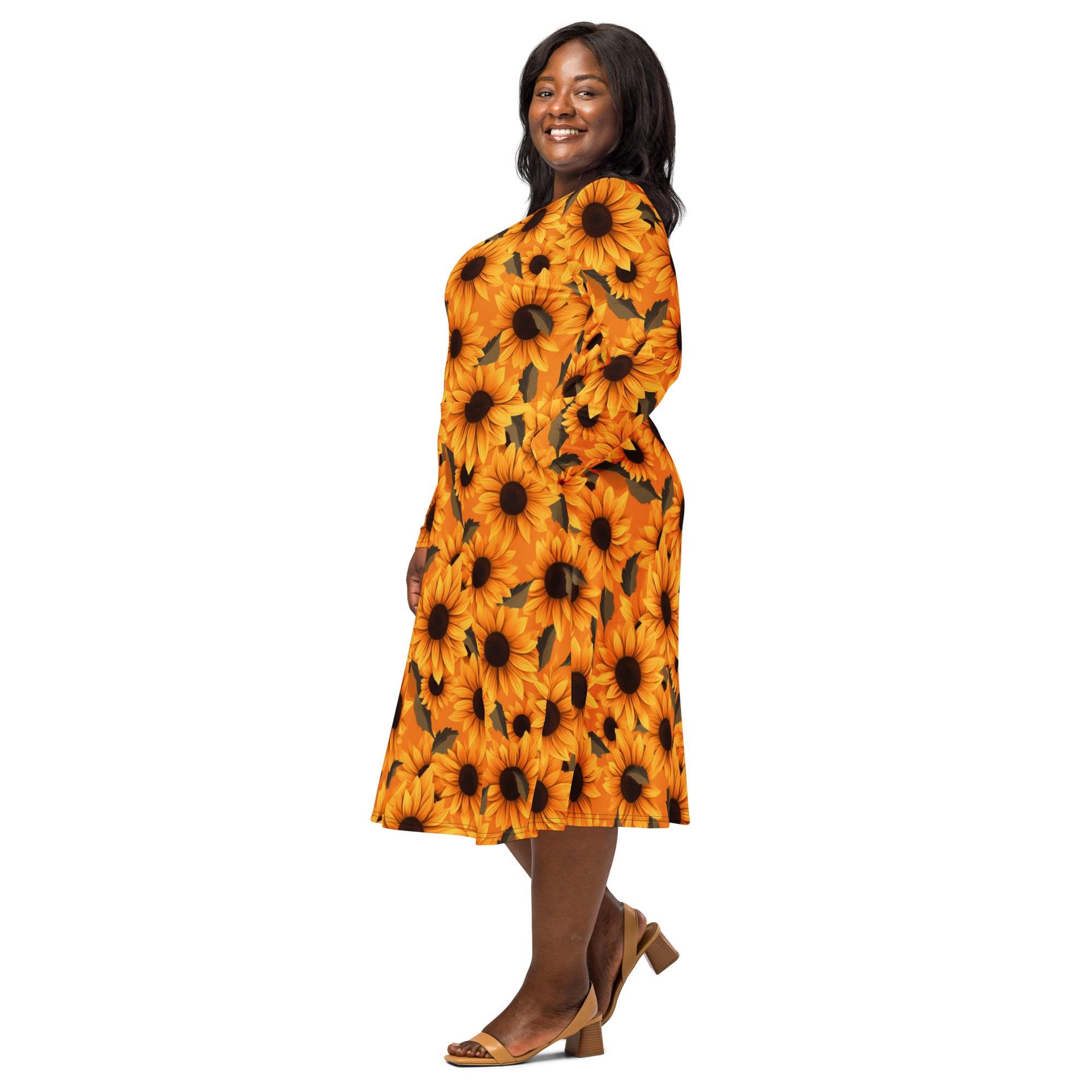 Sunflower All-over Print Long Sleeve Midi Dress - Etsy