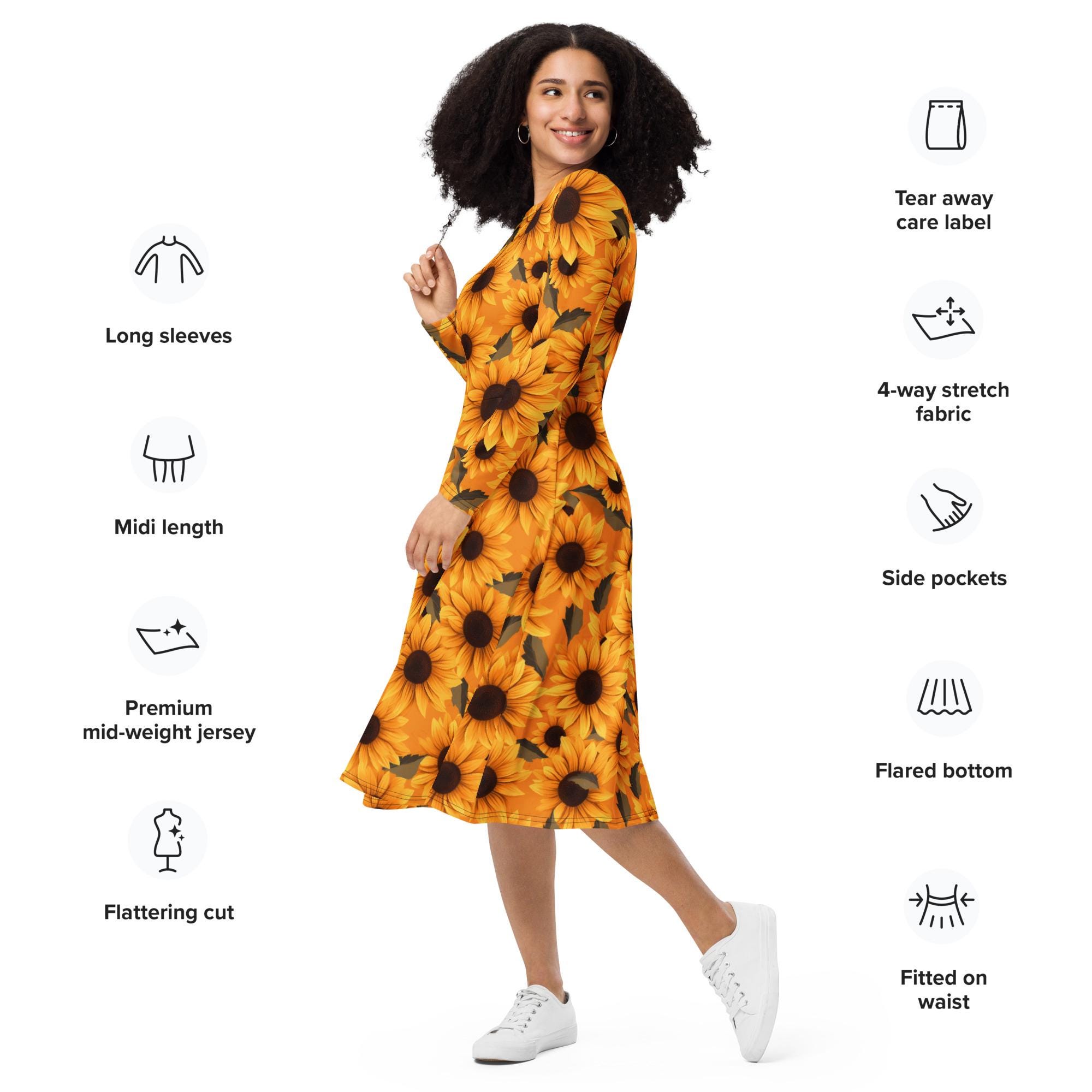 Sunflower All-over Print Long Sleeve Midi Dress - Etsy