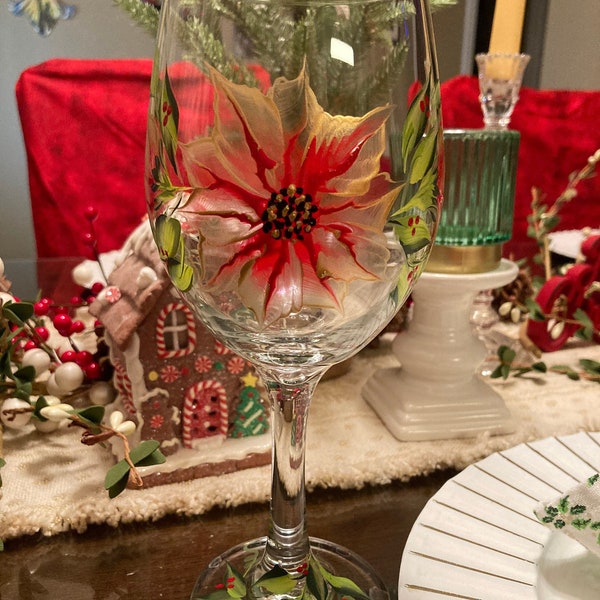 Hand painted Poinsettia wine glass, Poinsettia, cajun, Christmas wine glass, Co worker gift, Christmas gift, Secret Santa gift