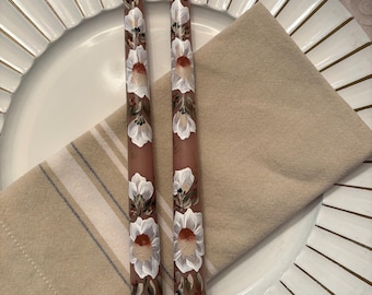 NEW! Hand Painted, Mocha 10 inch taper candles White  Magnolia design, set of 2,unscented