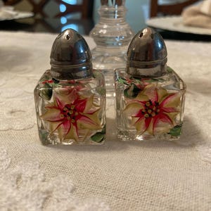 May include: Two clear glass salt and pepper shakers with silver tops. The shakers are decorated with hand-painted poinsettia flowers in shades of red, yellow, and green.