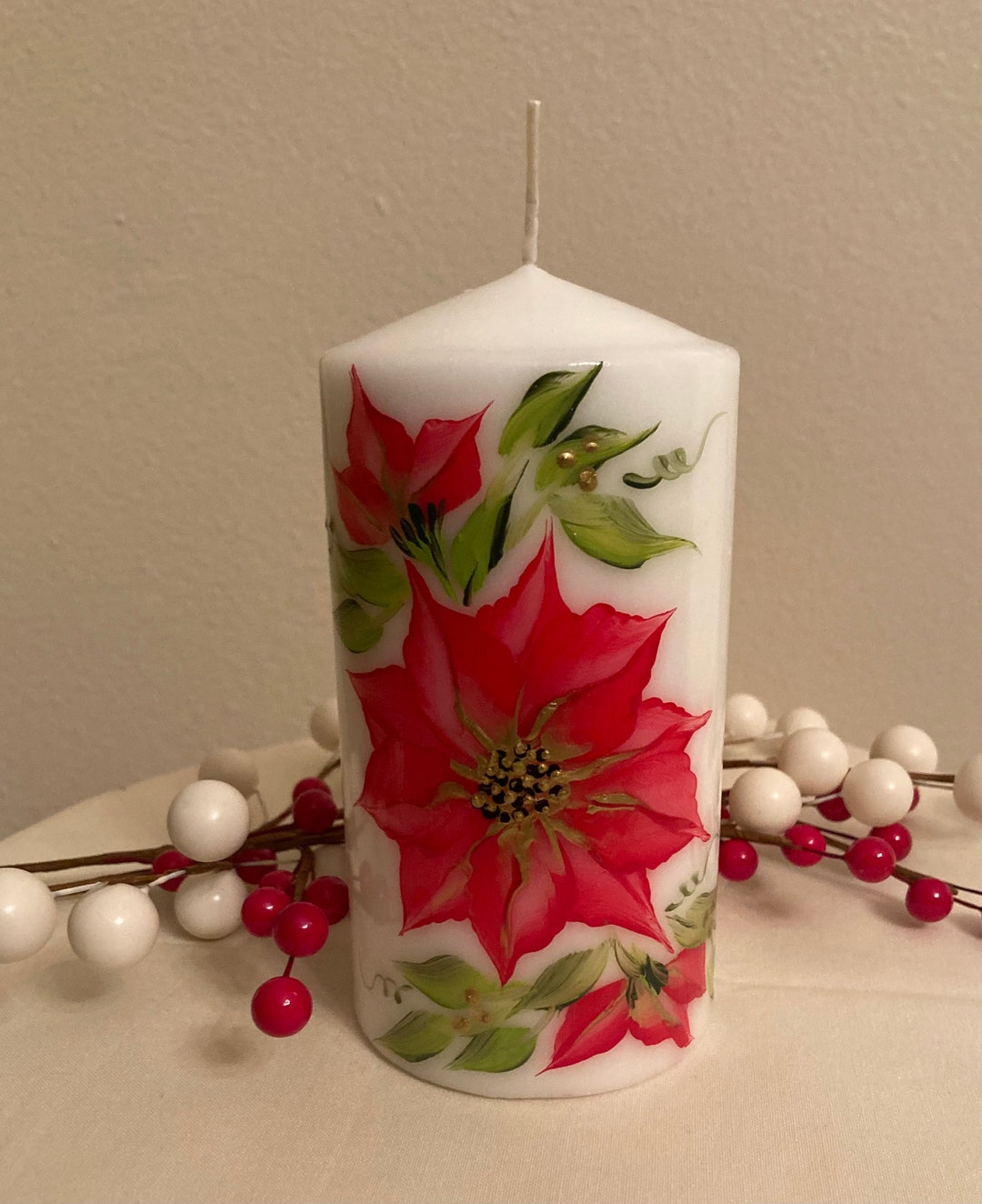 Poinsettia Pillar Candle, Unscented, Christmas Flower, Pillar Candle
