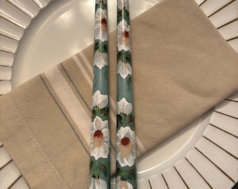 NEW! Hand painted Green 10 inch White Magnolia taper candles, set of 2, unscented