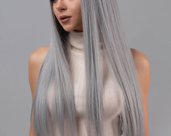 30-inch extra long straight synthetic wig with bangs, female wig Grey long Wig