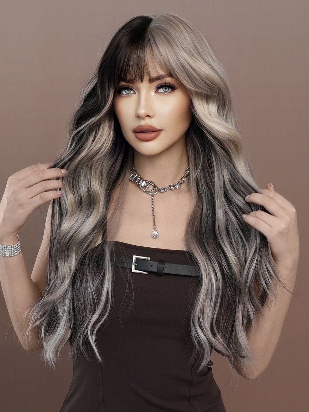 7jhh Wigs 26 Inch Synthetic Silver Ash Wavy Wig With Bangs Etsy