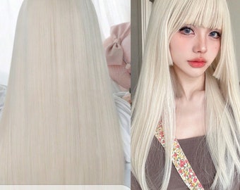 1 piece synthetic heat-resistant ,Long straight  caput , Hime cut  wig,  in   gold Wigs, 26 inches long